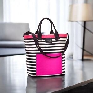 VICTORIA’S SECRET Canvas Tote Bag Striped Shopper Travel Beach Bag Black Pink